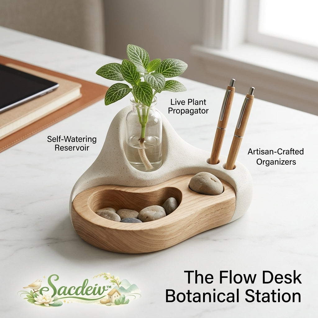 Sacdeiv™ Flow Desk Botanical Station | Modern Self-Watering Plant Propagator & Zen Wood Desk Organizer | Minimalist Office Decor & Pen Holder for Productivity