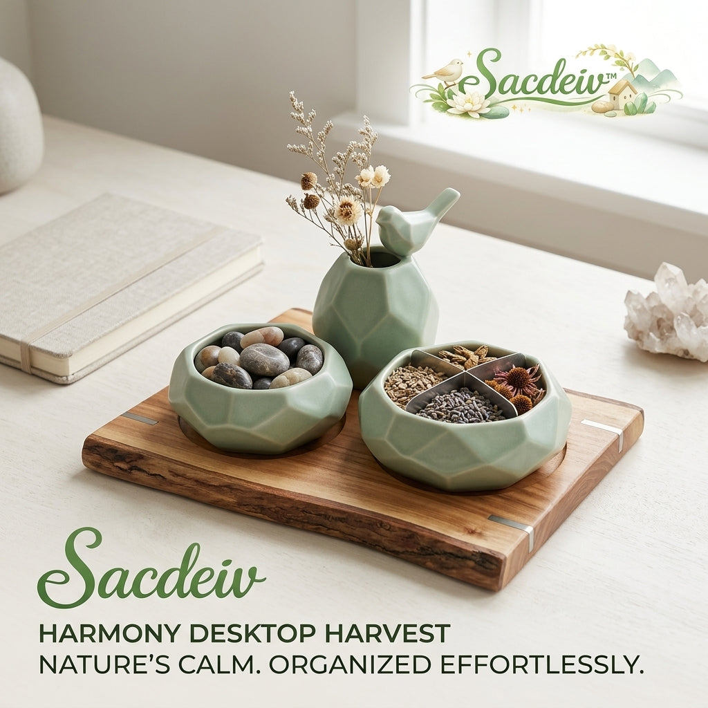Sacdeiv™ Harmony Desktop Harvest Ceramic Zen Garden & Desk Organizer Set | 4-Piece Sage Green Geometric Office Decor with Live-Edge Wooden Tray, Bird Flower Vase & Divided Botanical Bowl for Stress Relief & Mindful Workspace