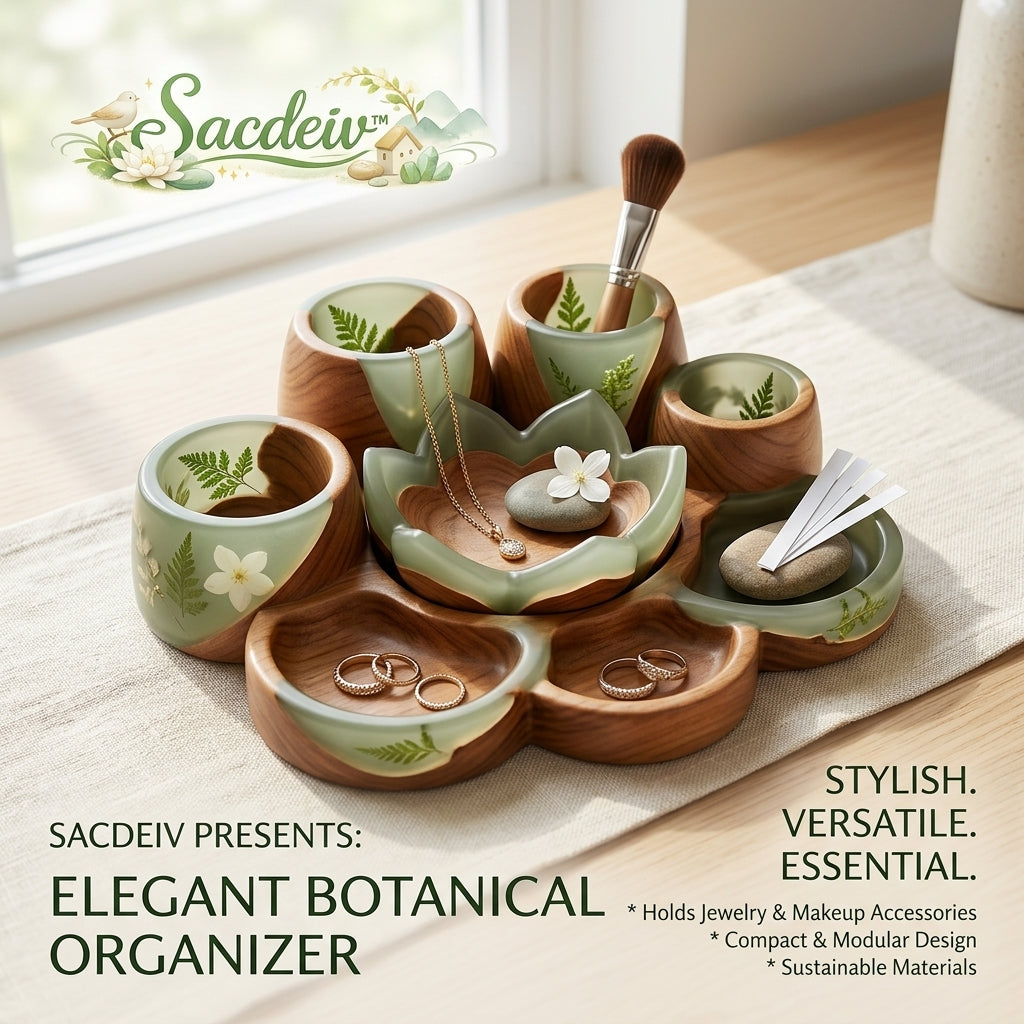 Sacdeiv™ Botanical Wood & Resin Jewelry Organizer – Elegant Vanity Tray for Makeup Brushes, Rings & Trinkets, Nature-Inspired Desk Decor, Unique Eco-Friendly Gift for Her