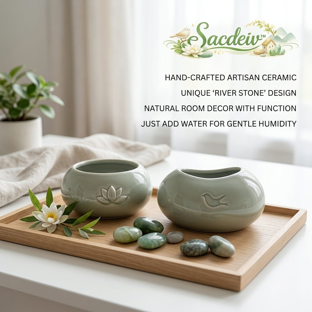 Sacdeiv™ Ceramic River Stone Humidifier Set – Artisan Zen Tabletop Decor with Lotus & Bird Motifs – Silent, Non-Electric Evaporative Humidity for Bedroom, Office & Yoga Studio