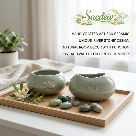 Sacdeiv™ Ceramic River Stone Humidifier Set – Artisan Zen Tabletop Decor with Lotus & Bird Motifs – Silent, Non-Electric Evaporative Humidity for Bedroom, Office & Yoga Studio