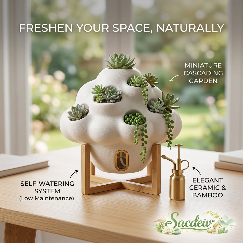 Sacdeiv™ Self-Watering Cloud Succulent Planter – Elegant Ceramic Desktop Pot with Bamboo Stand & Misting Spray – Minimalist Indoor Garden for Home or Office Decor